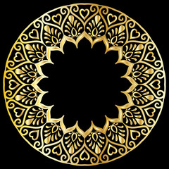 drawing of a round gold gradient frame  with floral ornament on a black background
