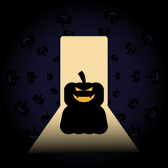 vector illustration of open door with light and pumpkin halloween background