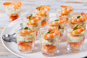 individual Cocktail Shrimp Shooters with spicy sauce