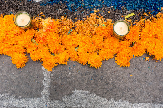 Day Of The Dead Marigold Flower, Blue Flakes And Candle Decorations In Mexico 