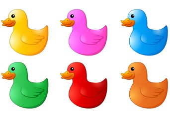 Several colors rubber ducks on white background