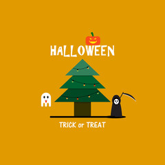 vector illustration of cute cartoon ghost and halloween pumpkin