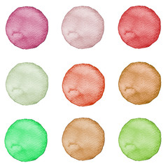Set of watercolor circles pastel colors. Illustration for artistic design. Round stains, spots isolated on white.