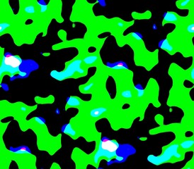 Abstract seamless background of green with black and white, blue tones. Bright lines, spots, dots, ribbon and blots, circles, rough and blurred, with a clear outline.