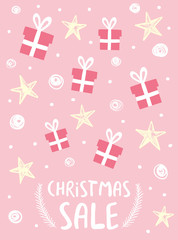 Christmas sale promotion card. Stars, gift boxes and snow on pink background. Vector illustration for winter holidays.