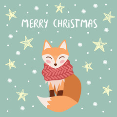 Funny fox in a knitted scarf. New year background with snow and stars. Vector illustration for Christmas card.