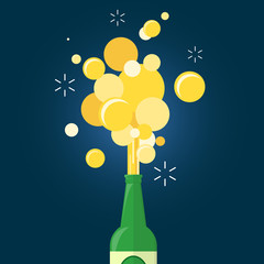 beer gushing from bottle on blue background. flat design.