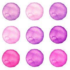 Watercolor circles collection pink colors. Stains set isolated on white background. Design elements