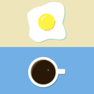 Scrambled eggs and coffee. Scrambled eggs on a yellow background. White cup of coffee on a blue background. The flat design, top view. Vector illustration.