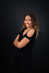 Beautiful woman doing different expressions in different sets of clothes: aems crossed