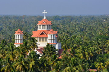 catholic church in Kerala India and abundance of coconut palm trees