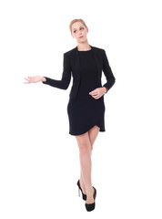 full length portrait of young woman wearing black professional office outfit. standing pose, isolated against white background.