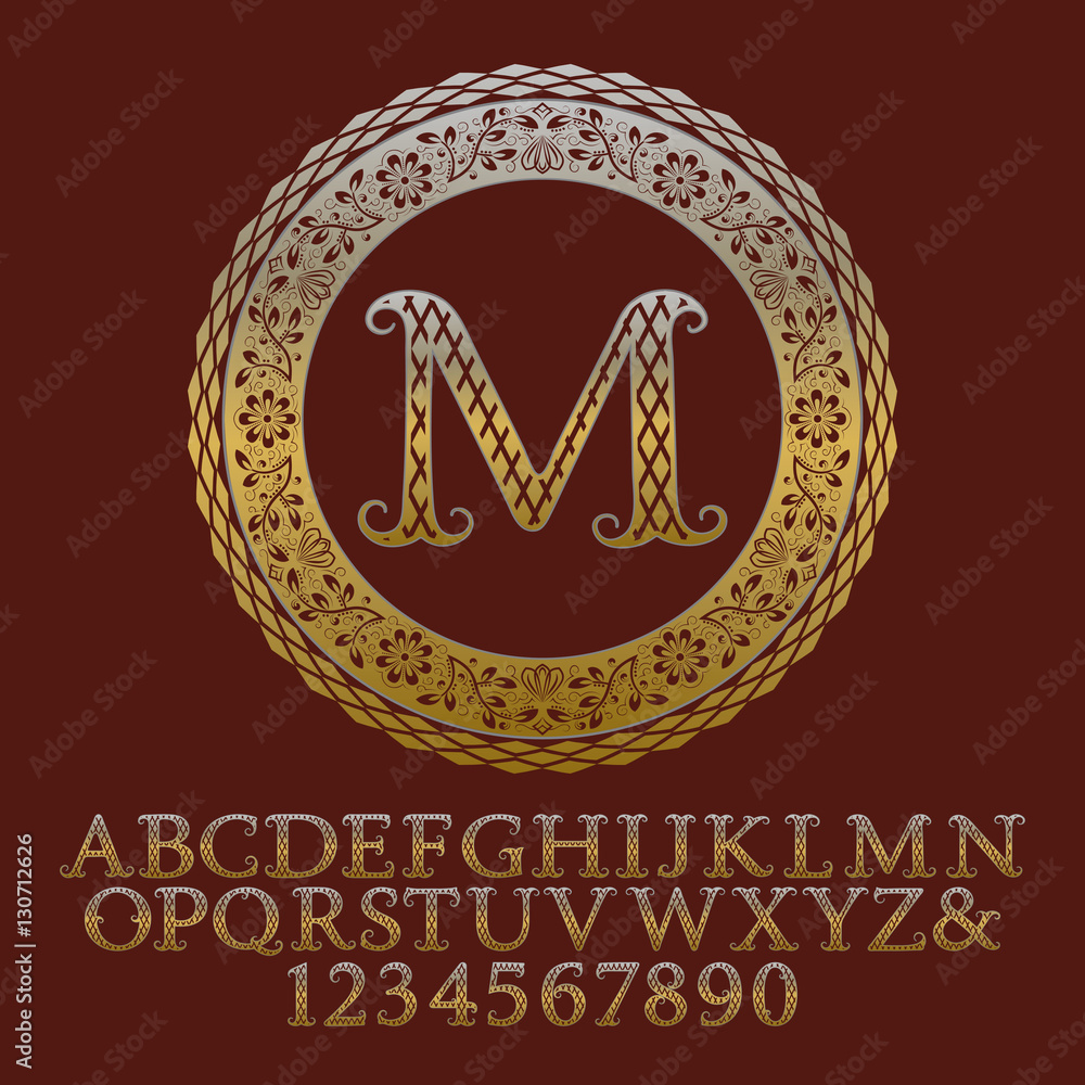 Poster patterned gold letters and numbers with initial monogram. elegant font for logo design. isolated eng