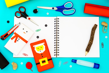 Christmas DIY background concept . Top view of DIY snowman and s