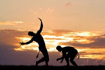 Abwaschbare Fototapete Kampfkunst Capoeira, martial art at sunset