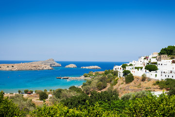 Fototapeta na wymiar Beautiful view of the Lindos bay and Aegean sea
