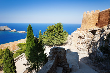 Overlooking blue Aegean Sea from Lindos Acropolis