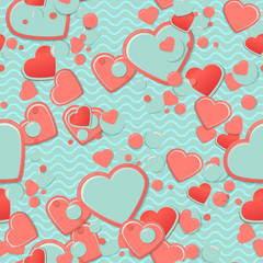 Fototapeta na wymiar Blue Scrapbook paper, hearts with circles and waves. Valentines Day Greeting Card or postcard, scrap background.Romantic scrapbooking. Lovely cute design template for Mothers Day or scrap booking.