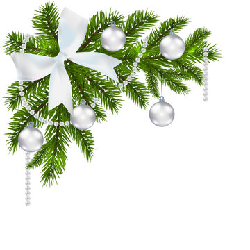 Christmas card. Green branch of fir with erebryannymi balls and ribbon on a white background. Corner. Christmas decorations. illustration
