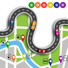 Road infographics. Winding road with 3d signs. The path specifies the location on the map navigator. illustration