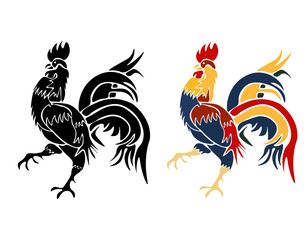 Black and roosters painted on a white background isolated. 2017 fiery red rooster. illustration