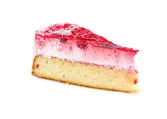 Piece of cake with souffle and strawberries, covered with strawb