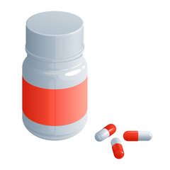 белая пластиковая банка с лекарством с завинчивающейся крышкой и красной этикеткой, рядом лежат три красно-белые капсулы с лекарством