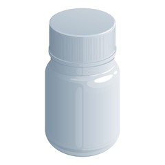 белая пластиковая баночка для лекарственных препаратов, биодобавок или витаминов, с завинчивающейся крышкой, на белом фоне