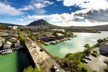 Aerial view of Koko Head and Hawaii Kai Marina as Honolulu Marathon participants make their way through the course