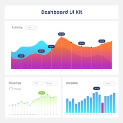 Dashboard UI and UX Kit. Bar chart and line graph designs. Different infographic elements. White background.