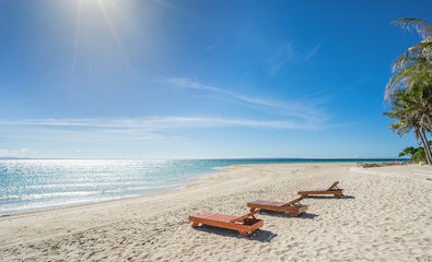 Fototapeta na wymiar 3 deckchairs, white sand and palms ,sea, sun - very beautiful beach.