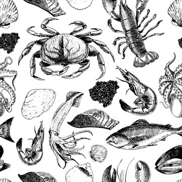 VEctor seamless pattern of seafood.Lobster, crab, salmon, caviar, squid, shrimp and clams. Hand drawn engraved icons.