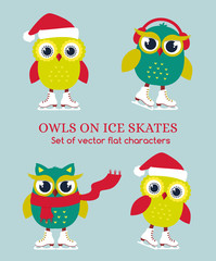 Funny owls on ice skates. Vector illustration.