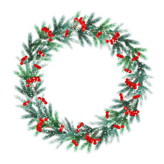 Fototapeta na wymiar Christmas wreath of fir branches with frost, snow and red berrie