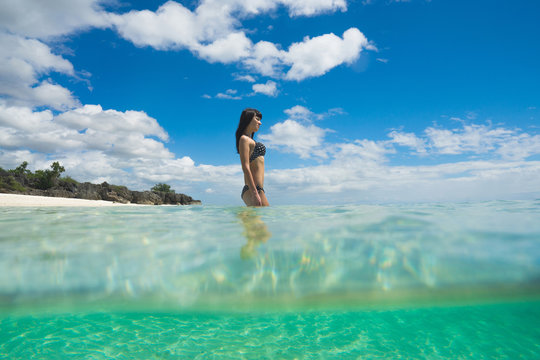 Young beautiful woman in the ocean. Split photo. Travel concept