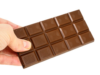 Person holding a whole bar of light chocolate isolated towards w