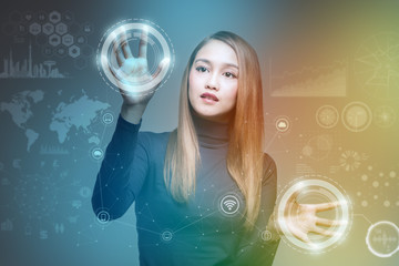 futuristic woman and technological graphical interface