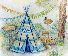 Watercolor painting with teepee house and little sleeping fox in the forest. Party time Native Americans wigwam. Children illustration. © Lileinaya