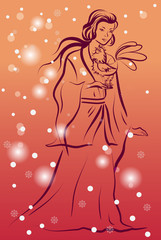 East woman with New Year's rooster on a red background