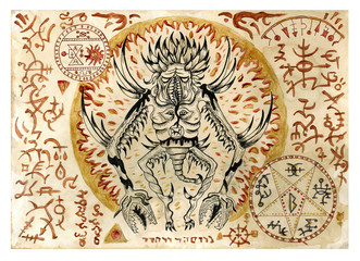 Mystic illustration with evil demon and black magic symbols on old manuscript