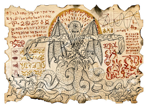 Old parchment with mystic drawings with evil demon and black magic symbols