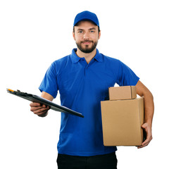 deliveryman with boxes and clipboard isolated on white backgroun