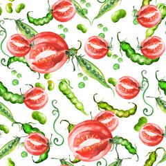 Seamless, watercolor pattern of a set of vegetables - tomato, slice of tomato, , peas in a pod, peas, green beans. Completed in watercolor.