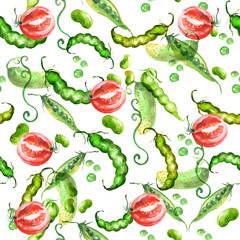 Seamless, watercolor pattern of a set of vegetables - tomato, slice of tomato, , peas in a pod, peas, green beans. Completed in watercolor.