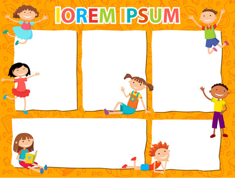 Vector brochure backgrounds with cartoon children. Infographic template design.