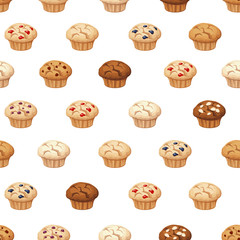 Vector seamless pattern with muffins on a white background.