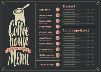 menu with price list for the coffee house with a pots