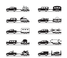 Vans and pickup trucks with trailers - vector illustration