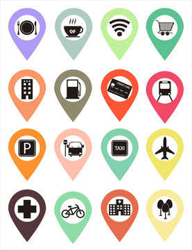 Points of interest of many colors and different icons that are perfect to use in maps and other ideas