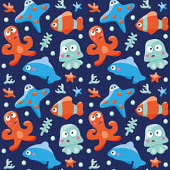 Marine seamless pattern with fishes, octopus and Dolphin